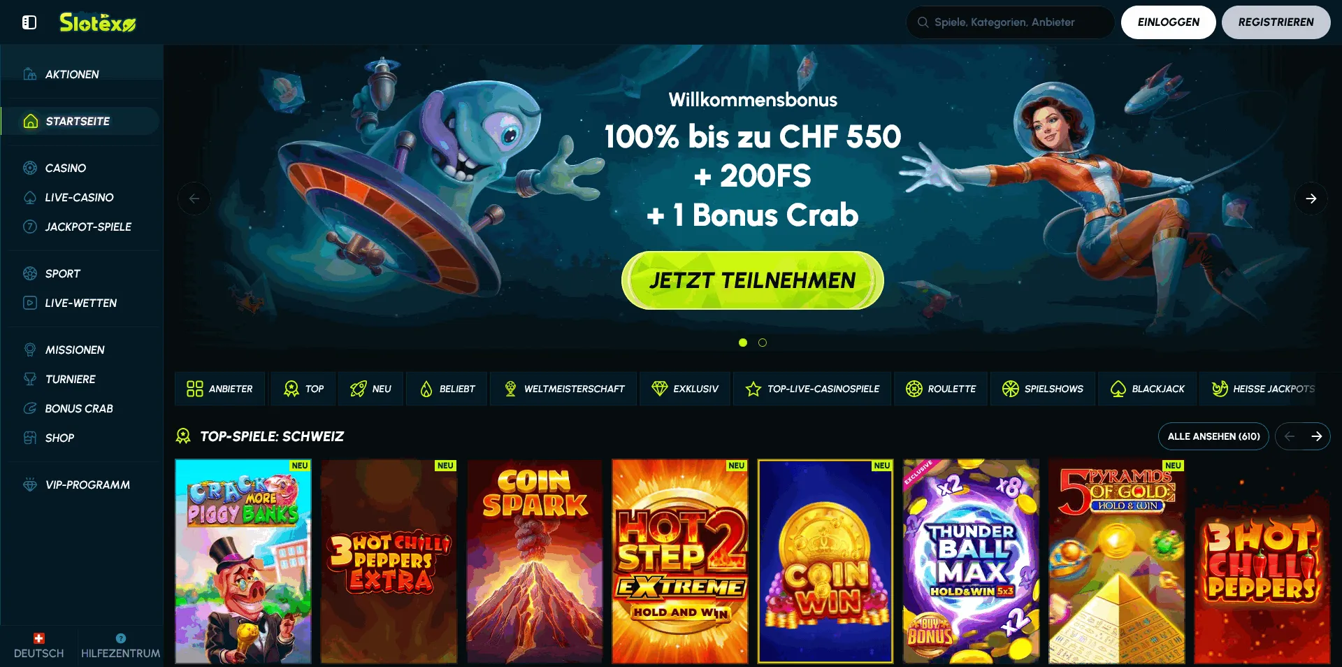 Slotexo EU online casino homepage
